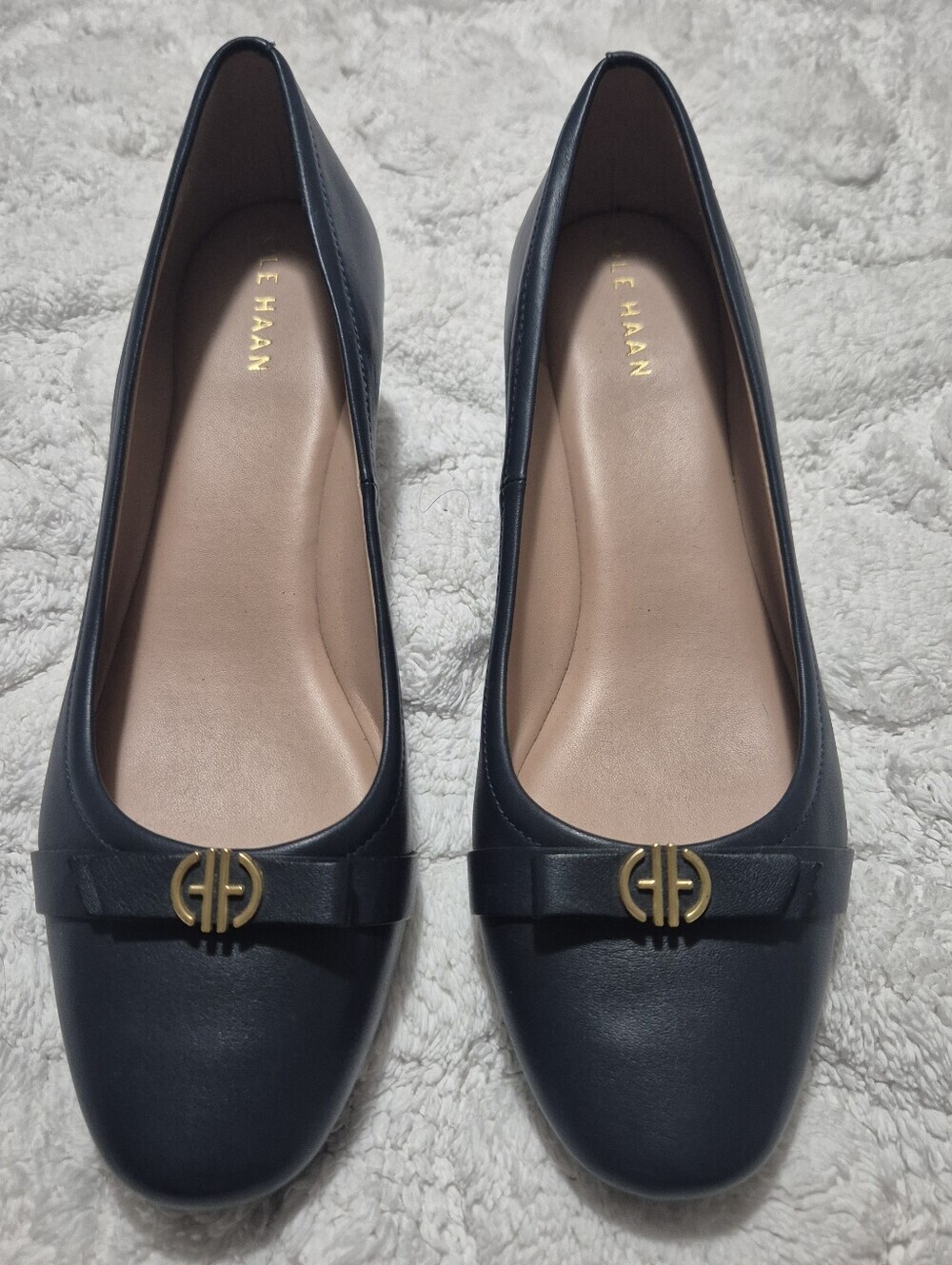 Cole Haan Navy Leather Malta Wedge Pumps with Bow and Gold Logo..Size:9 1/2 B